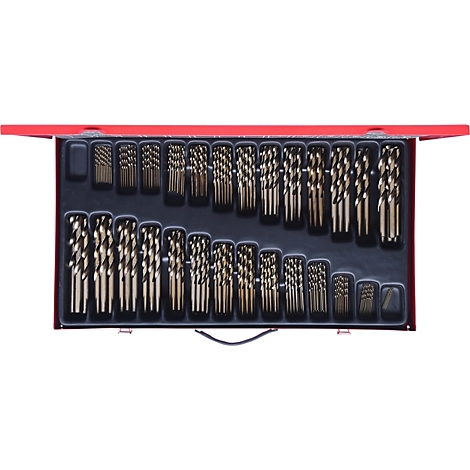 Offener, roter Werkzeugkasten mit goldfarbenen Bohrern. Die Bohrer sind in einem schwarzen Einsatz in Reih und Glied angeordnet.